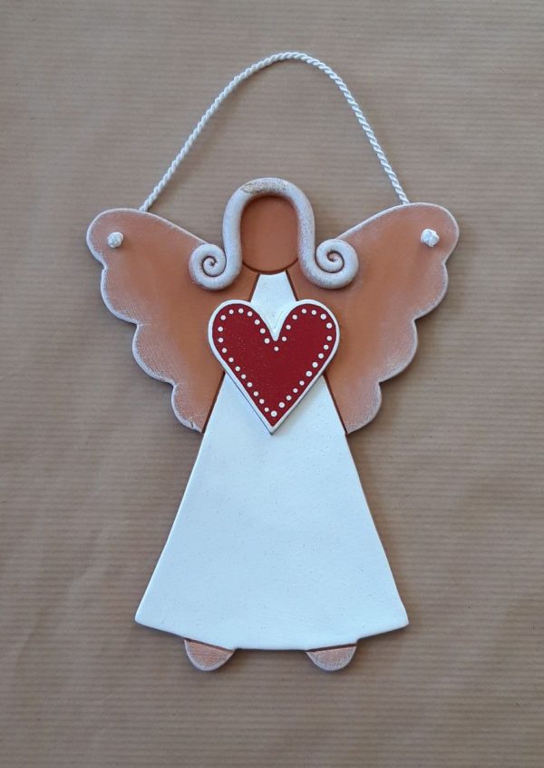 Keramický anjel s červeným srdcom keramika handmade