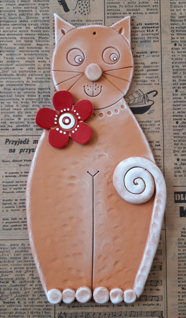 Keramická mačka červený kvet keramika handmade